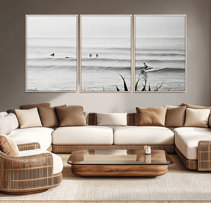 33821421-MGV-CV-36X24-Surfer Silhouette Wall Art Canvas Print, Framed Calm Ocean Art Picture Print, Monochrome Surf Perfect Minimalist Coastal Decor