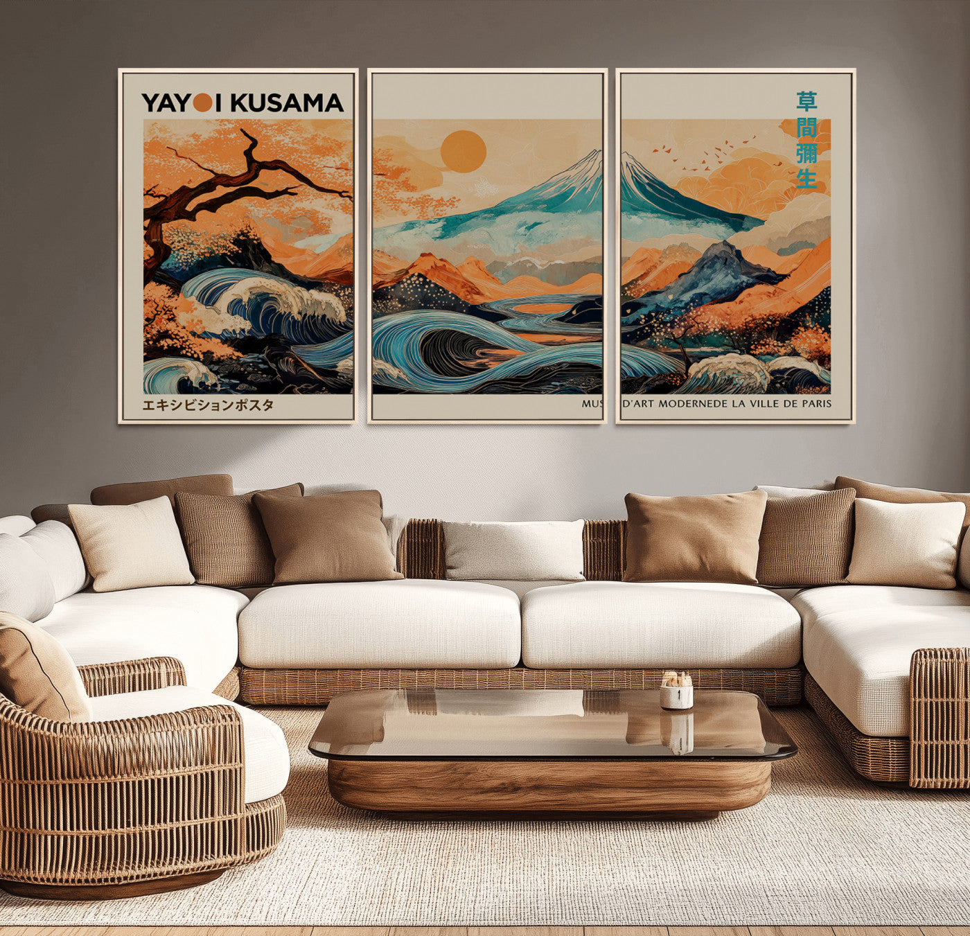 22373530-MGV-CV-36X24-Japanese Mt Fuji Wave Art Print – Ukiyo e Inspired Sun & Cherry Blossom Poster, Traditional Asian Landscape Painting, Modern