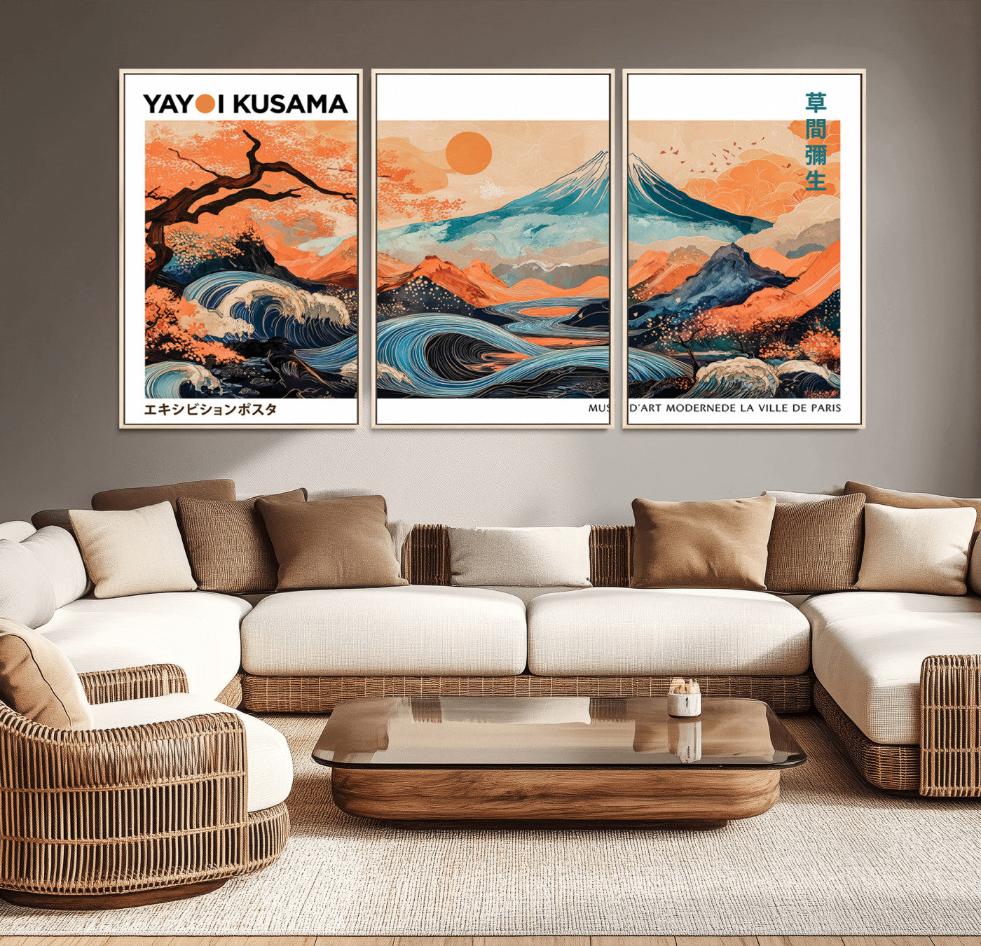 88785870-MGV-CV-36X24-Japanese Great Wave & Mt Fuji Wall Art – Ukiyo e Style Landscape Print with Flowing River, Autumn Mountain Poster, Oriental Asian