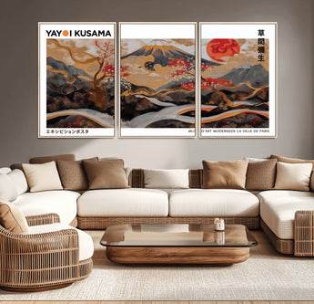 40959107-MGV-CV-36X24-Japanese Fuji Wall Art Print – Red Sun & Cherry Blossom Poster, Gold Wave Ukiyo-e Inspired Modern Japan Landscape Painting,