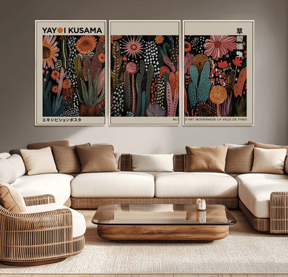 28344895-MGV-CV-36X24-Dark Floral Abstract Wall Art Poster – Modern Botanical Canvas Print with Beige Border, Kusama Inspired Boho Flower Painting,