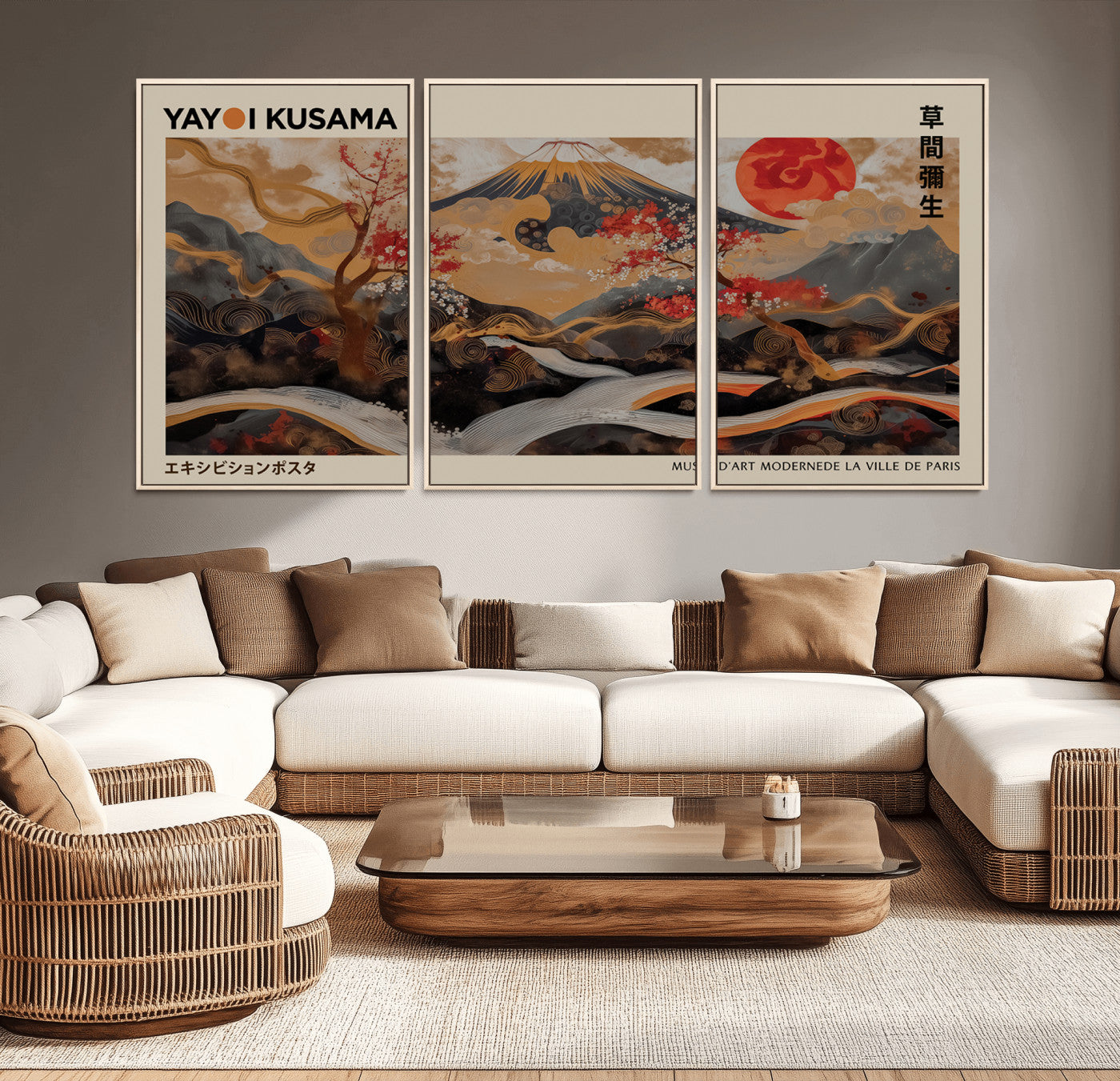77970791-MGV-CV-36X24-Mount Fuji Golden Abstract Wall Art – Japanese Landscape Canvas Poster, Cherry Blossom & Red Sun Painting, Elegant Zen Oriental