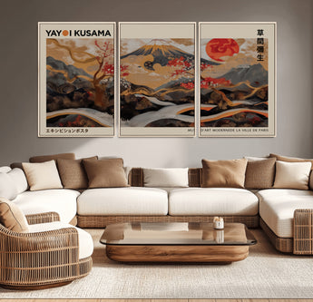 77970791-MGV-CV-36X24-Mount Fuji Golden Abstract Wall Art – Japanese Landscape Canvas Poster, Cherry Blossom & Red Sun Painting, Elegant Zen Oriental