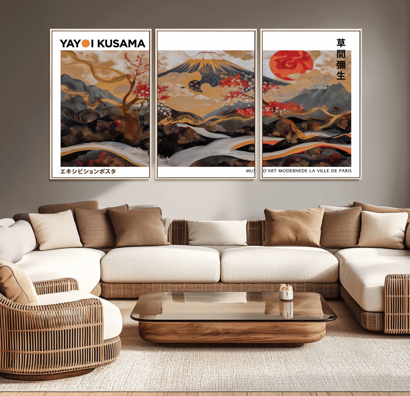 85375874-MGV-FC-60X30-3P_Natural-Mount Fuji Abstract Wall Art – Japanese Landscape Canvas Print, Cherry Blossom & Red Sun Painting, Elegant Modern Zen Asian Home