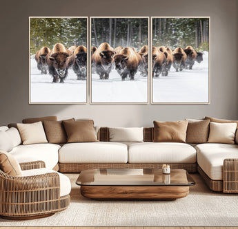 22695857-MGV-CV-36X24-Bison Herd Scene Wall Art Canvas Print, Framed Western Wildlife Art Picture Print, Rustic Animal Art Perfect Rustic Lodge Decor
