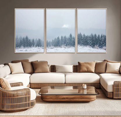 33033082-MGV-CV-36X24-Winter Forest Art Wall Art Canvas Print, Framed Snowy Landscape Art Picture Print, Misty Tree Scene Perfect Nordic Minimalist