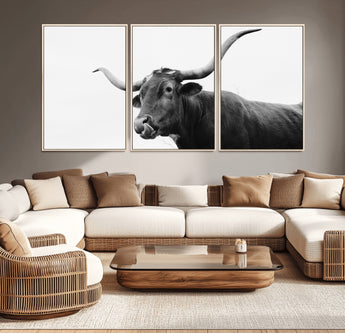 99244177-MGV-CV-36X24-Longhorn Photography Wall Art Canvas Print, Framed Western Cow Decor Art Picture Print, Black White Bull Perfect Modern Rustic