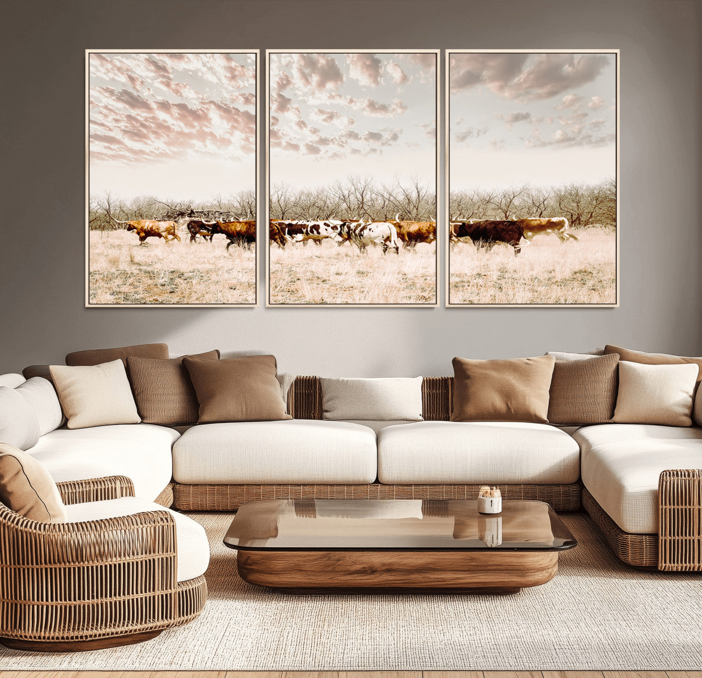 57389417-MGV-CV-36X24-Cow Herd Photography Wall Art Canvas Print, Framed Rustic Farmhouse Decor Art Picture Print, Western Ranch Style Perfect Rustic
