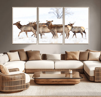 68738684-MGV-CV-36X24-Winter Elk Scene Wall Art Canvas Print, Framed Wildlife Photography Art Picture Print, Snowy Deer Decor Perfect Rustic Lodge Decor