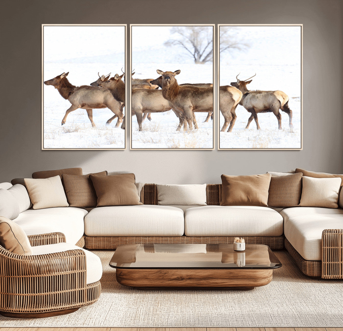 68738684-MGV-CV-36X24-Winter Elk Scene Wall Art Canvas Print, Framed Wildlife Photography Art Picture Print, Snowy Deer Decor Perfect Rustic Lodge Decor