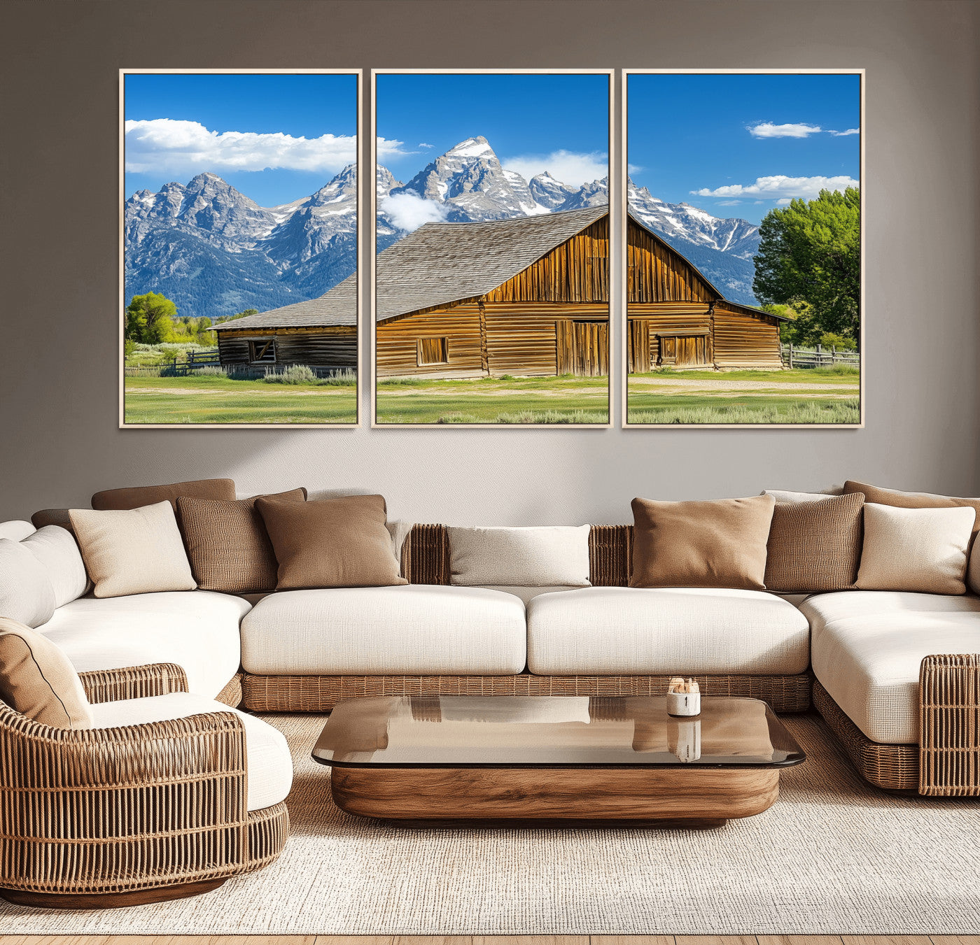 75948467-MGV-CV-36X24-Mountain Barn Scene Wall Art Canvas Print, Framed Rustic Farmhouse Style Art Picture Print, Country Cabin Decor Perfect Rustic