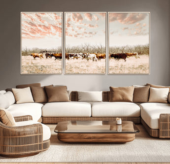 43704663-MGV-CV-36X24-Country Cow Herd Wall Art Canvas Print, Framed Farmhouse Cattle Scene Art Picture Print, Rustic Ranch Decor Perfect Rustic