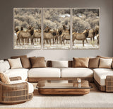 90269422-MGV-CV-36X24-Elk Herd Scene Wall Art Canvas Print, Framed Rustic Wildlife Decor Art Picture Print, Western Cabin Style Perfect Rustic Lodge