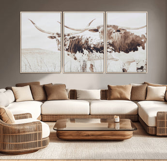 48161868-MGV-CV-36X24-Longhorn Cow Decor Wall Art Canvas Print, Framed Rustic Cattle Art Picture Print, Sepia Western Vibe Perfect Neutral Rustic