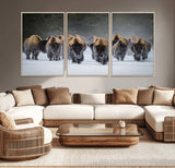 41669135-MGV-CV-36X24-Bison Herd Scene Wall Art Canvas Print, Framed Rustic Wildlife Decor Art Picture Print, Snowy Bison Landscape Perfect Rustic