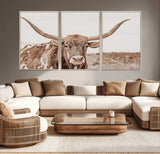 77810049-MGV-CV-36X24-Longhorn Bull Photo Wall Art Canvas Print, Framed Rustic Cow Decor Art Picture Print, Neutral Farmhouse Style Perfect Rustic