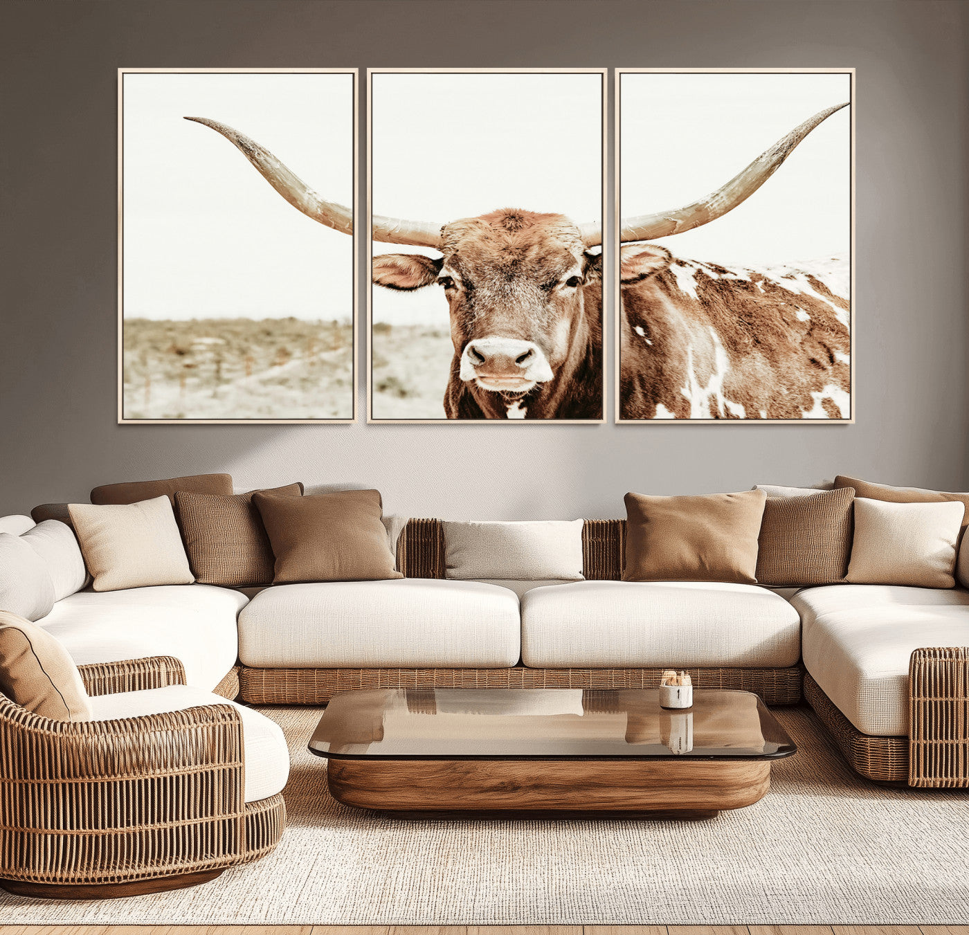 98924580-MGV-CV-36X24-Texas Longhorn Bull Wall Art Canvas Print, Framed Rustic Farmhouse Decor Art Picture Print, Western Animal Theme Perfect Rustic