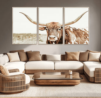 98924580-MGV-CV-36X24-Texas Longhorn Bull Wall Art Canvas Print, Framed Rustic Farmhouse Decor Art Picture Print, Western Animal Theme Perfect Rustic