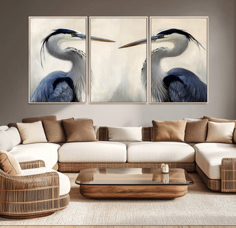 18230556-MGV-CV-36X24-Blue Heron Pair Wall Art Canvas Print, Framed Coastal Bird Theme Art Picture Print, Tranquil Wildlife Scene Perfect Coastal