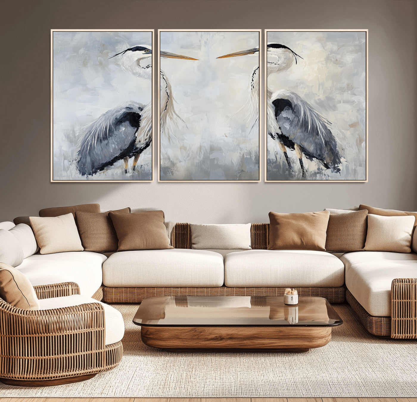 90806932-MGV-FC-60X30-3P_Natural-Heron Wall Art Wall Art Canvas Print, Framed Bird Canvas Decor Art Picture Print, Nature Inspired Perfect Coastal Minimalist Decor