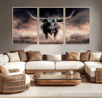 71457818-MGV-CV-36X24-Longhorn Wall Art Wall Art Canvas Print, Framed Western Bull Canvas Art Picture Print, Rustic Cow Decor Perfect Western Dramatic