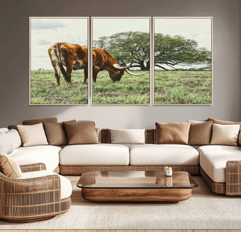 91866234-MGV-CV-36X24-Texas Longhorn Wall Art Canvas Print, Framed Rustic Ranch Art Picture Print, Western Cattle Perfect Rustic Farmhouse Decor Artwork