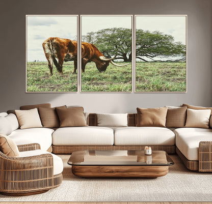 91866234-MGV-CV-36X24-Texas Longhorn Wall Art Canvas Print, Framed Rustic Ranch Art Picture Print, Western Cattle Perfect Rustic Farmhouse Decor Artwork
