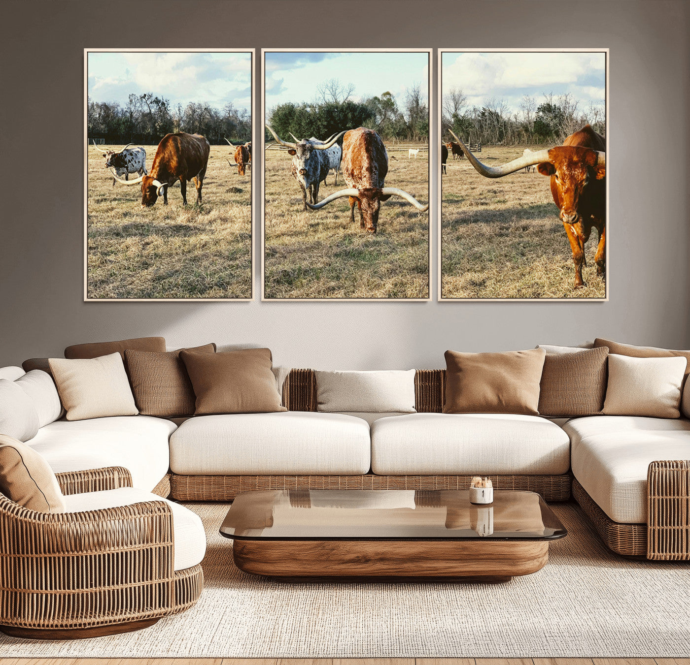 39144651-MGV-CV-36X24-Texas Longhorns Wall Art Canvas Print, Framed Rustic Farm Scene Art Picture Print, Western Cattle Perfect Rustic Farmhouse Decor