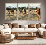 39144651-MGV-CV-36X24-Texas Longhorns Wall Art Canvas Print, Framed Rustic Farm Scene Art Picture Print, Western Cattle Perfect Rustic Farmhouse Decor