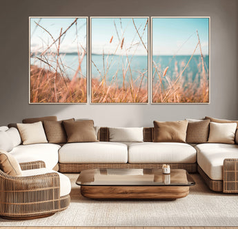 36108696-MGV-CV-36X24-Coastal Grass Wall Art – Serene Ocean View Canvas Print, Beach Nature Photography Decor for Living Room, Bedroom, Office or Modern