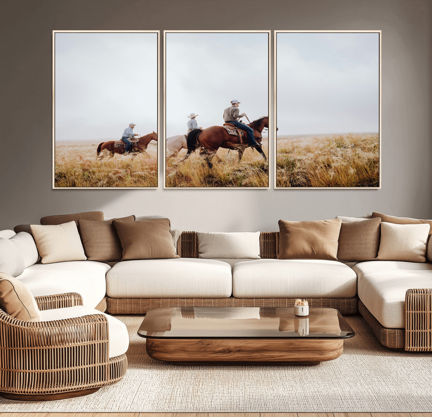 94723307-MGV-CV-36X24-Western Cowboys Wall Art Canvas Print, Framed Rustic Prairie Art Picture Print, Horseback Riding Perfect Rustic Western Decor