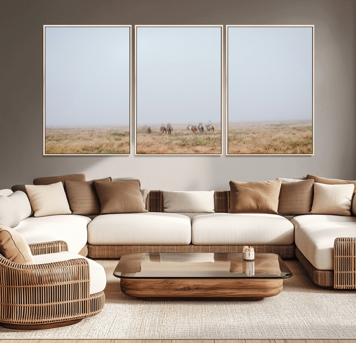 14761944-MGV-CV-36X24-Foggy Plains Wall Art Canvas Print, Framed Horseback Riders Art Picture Print, Rustic Western Perfect Rustic Western Decor Artwork