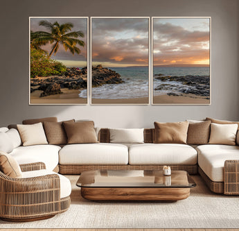 55108220-MGV-CV-36X24-Tropical Beach Wall Art Canvas Print, Framed Hawaiian Sunset Art Picture Print, Ocean Waves Perfect Coastal Tropical Decor Artwork