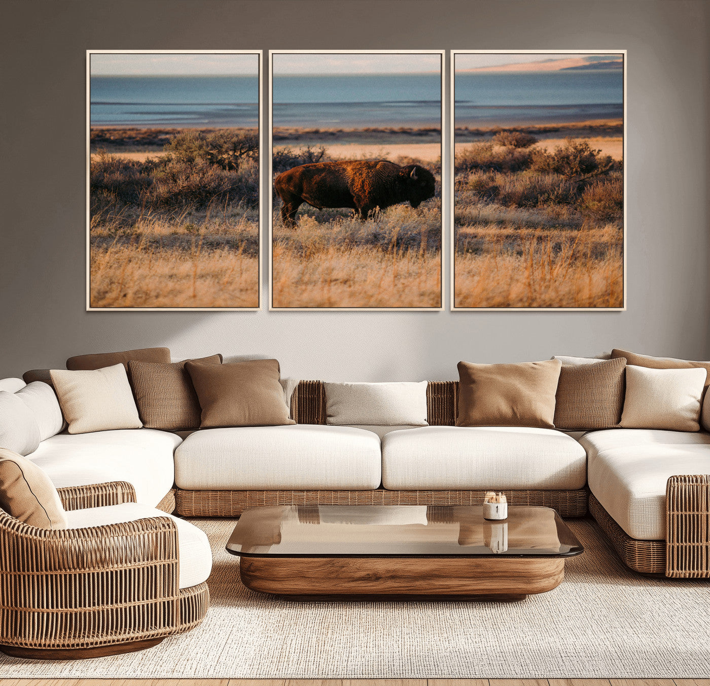 39509187-MGV-CV-36X24-Western Wildlife Wall Art Canvas Print, Framed Bison Art Picture Print, Golden Hour Perfect Western Rustic Decor Artwork