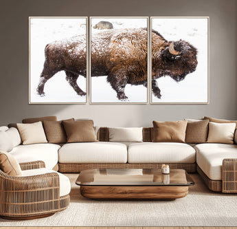 94261165-MGV-CV-36X24-Snowy Buffalo Wall Art Canvas Print, Framed Wildlife Photography Art Picture Print, Brown Tones Perfect Rustic Lodge Decor Decor