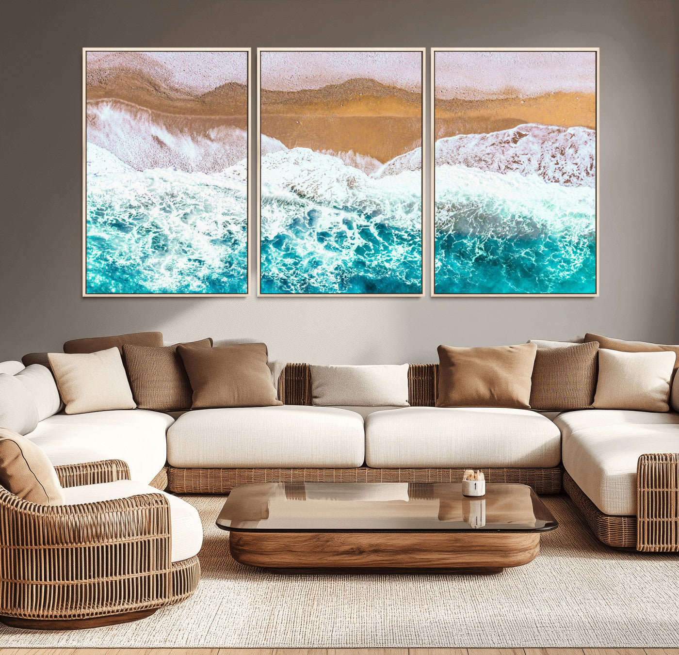 26870666-MGV-CV-36X24-Aerial Beach Wall Art Canvas Print, Framed Ocean Waves Art Picture Print, Coastal Landscape Perfect Coastal Minimalist Decor