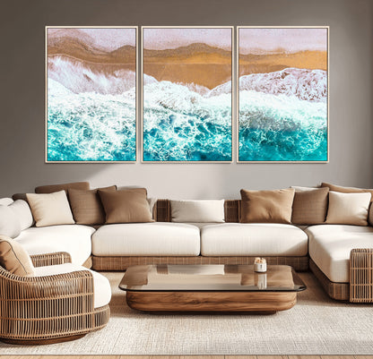 26870666-MGV-CV-36X24-Aerial Beach Wall Art Canvas Print, Framed Ocean Waves Art Picture Print, Coastal Landscape Perfect Coastal Minimalist Decor