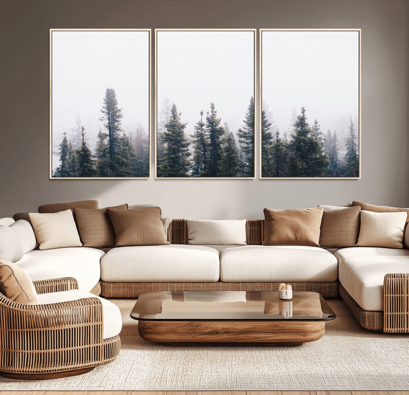 42364796-MGV-CV-36X24-Foggy Forest Wall Art Canvas Print, Framed Misty Pines Art Picture Print, Moody Woodland Perfect Scandinavian Minimalist Decor