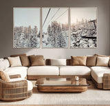 91534512-MGV-CV-36X24-Frosty Pines Wall Art Canvas Print, Framed Cozy Cabin View Art Picture Print, Ski Lift Ride Perfect Rustic Lodge Decor Artwork