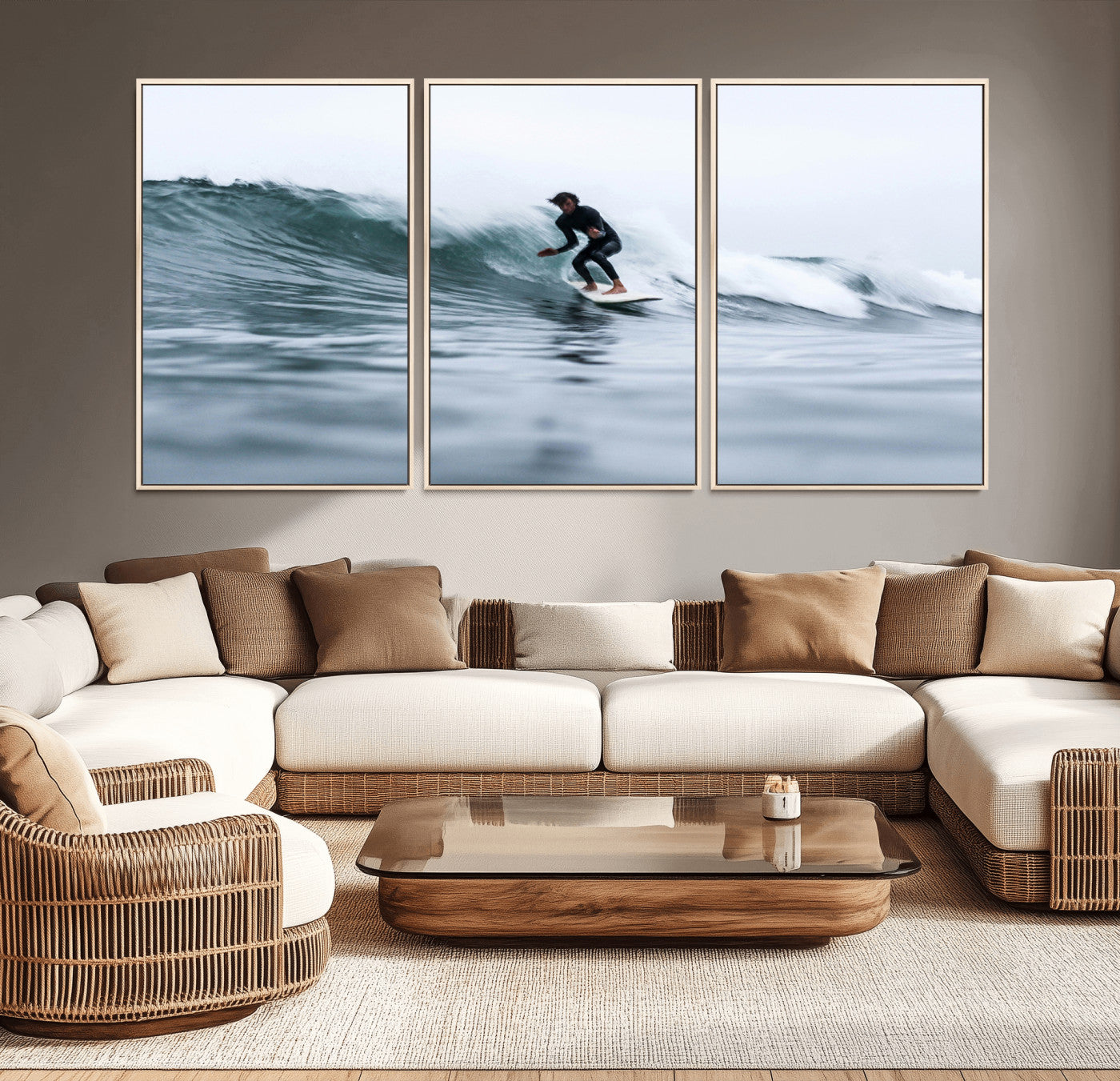 11693607-MGV-CV-36X24-Surfer on Wave Wall Art Canvas Print, Framed Ocean Adventure Art Picture Print, Motion Blur Water Perfect Coastal Adventure Decor