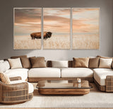 20306324-MGV-CV-36X24-Bison Wall Art – Lone American Buffalo Prairie Sunset Canvas Print, Rustic Western Wildlife Photography Decor for Living Room,