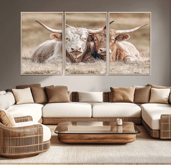 38651722-MGV-CV-36X24-Cow Wall Art – Rustic Longhorn Pair Canvas Print, Western Farmhouse Animal Painting, Country Ranch Decor for Living Room, Bedroom,