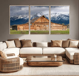 15173627-MGV-CV-36X24-Barn Wall Art – Rustic Wooden Cabin Canvas Print with Snowy Mountain Landscape, Western Farmhouse Country Decor for Living Room,