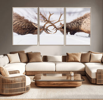 99240306-MGV-CV-36X24-Elk Wall Art – Two Bull Elk Fighting in Snow Canvas Print, Rustic Wildlife Artwork for Cabin, Lodge, Western Farmhouse, Nature &