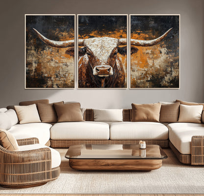 25265572-MGV-CV-36X24-Longhorn Bull Wall Art – Rustic Western Texas Steer Canvas Print, Textured Animal Painting for Home, Office, Man Cave or Farmhouse