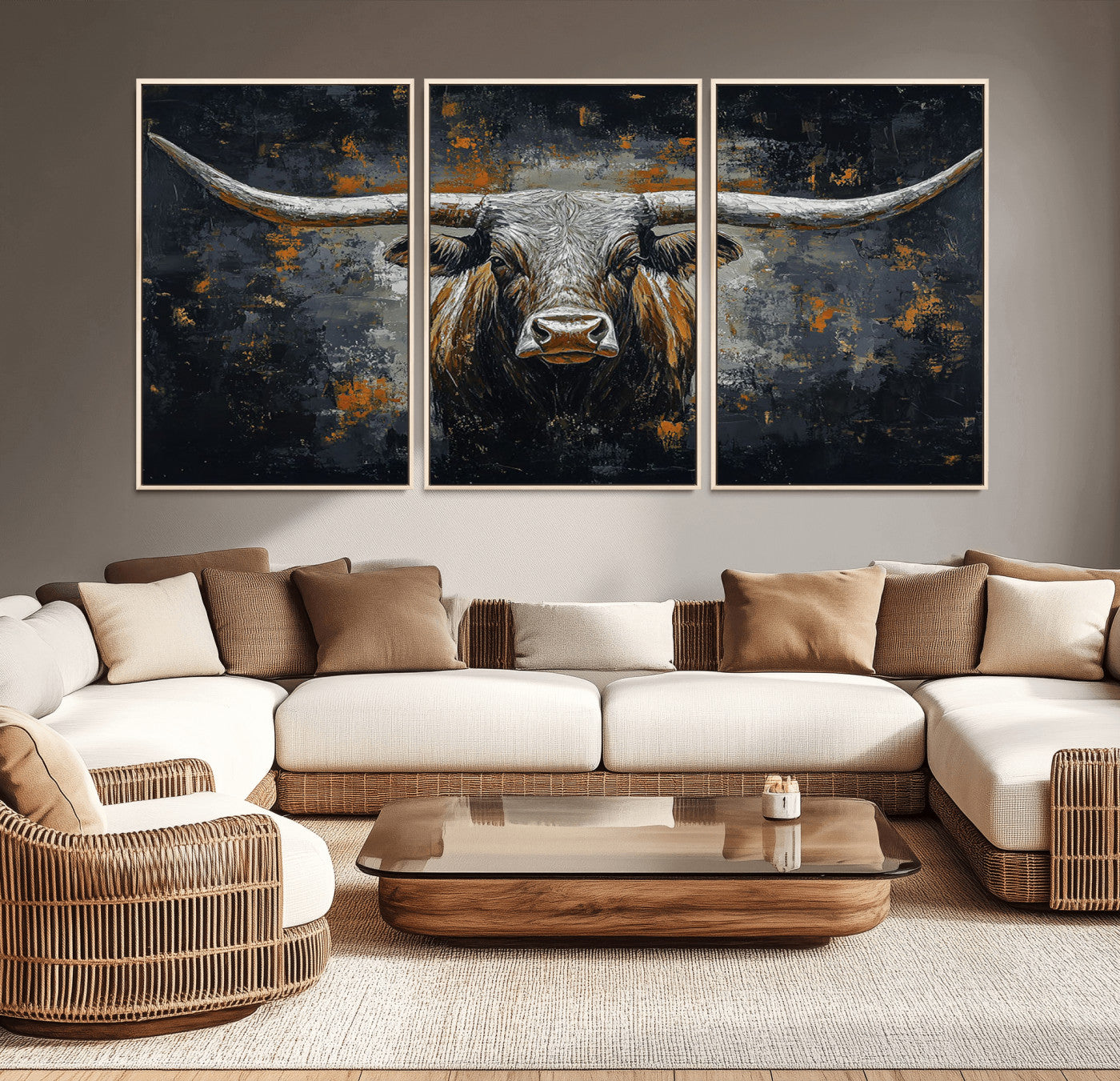 93195031-MGV-CV-36X24-Dark Longhorn Bull Wall Art – Western Steer Canvas Print, Moody Rustic Animal Painting for Man Cave, Ranch House, Office or Modern