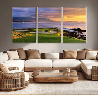39644075-MGV-CV-36X24-Golf Course Wall Art – Coastal Sunset Canvas Print, Scenic Oceanfront Fairway Landscape Decor for Office, Man Cave, or Living Room