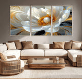 39604126-MGV-CV-36X24-Abstract Flower Wall Art – Elegant White and Gold Bloom Canvas Print, Modern Floral Artwork for Bedroom, Living Room, or Office