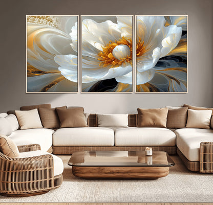 39604126-MGV-CV-36X24-Abstract Flower Wall Art – Elegant White and Gold Bloom Canvas Print, Modern Floral Artwork for Bedroom, Living Room, or Office