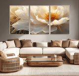 29539087-MGV-CV-36X24-Floral Wall Art – Elegant White and Gold Bloom Canvas Print, Romantic Modern Flower Artwork for Bedroom, Living Room, or Office